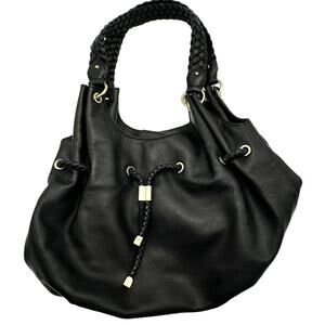 Michael Kors Authentic Black Pebble Leather Cinch‎ Tote Bucket Bag Tassel Hobo